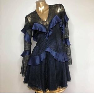 Lucia’s Sarto ♍️ navy blue dress. Satin and lace. Backless cutout